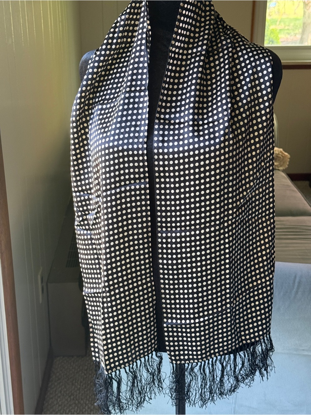 100% Silk Black and White Polka Dot Scarf - Picture 4 of 5